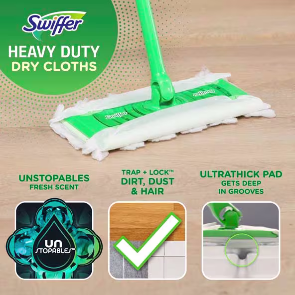 Swiffer Heavy Duty Dry Cloths, featuring Ultrathick pads that trap dust and dirt while leaving a fresh scent