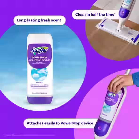 Swiffer Power Mop cleaning solution with fresh scent, designed for quick and easy mopping in half the time