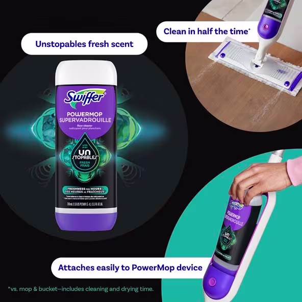 Swiffer Power Mop with Unstopables scent; cleans efficiently and attaches easily to Power Mop device for enhanced freshness