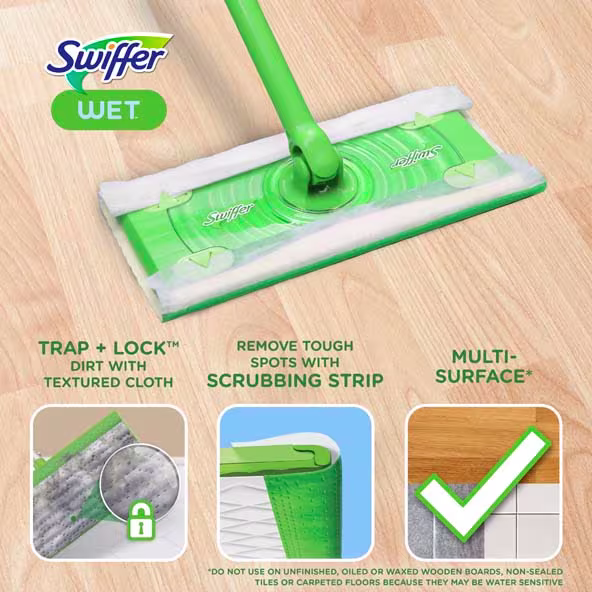 Swiffer Wet mop on a wooden floor, featuring trap and lock technology and scrubbing strip for tough dirt removal