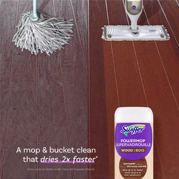 Swiffer Power Mop on polished wood floor, showcasing quick-drying cleaning effectiveness compared to traditional mops