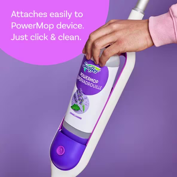 Hand attaching a lavender Swiffer Power Mop bottle to the cleaning device for easy use and convenience