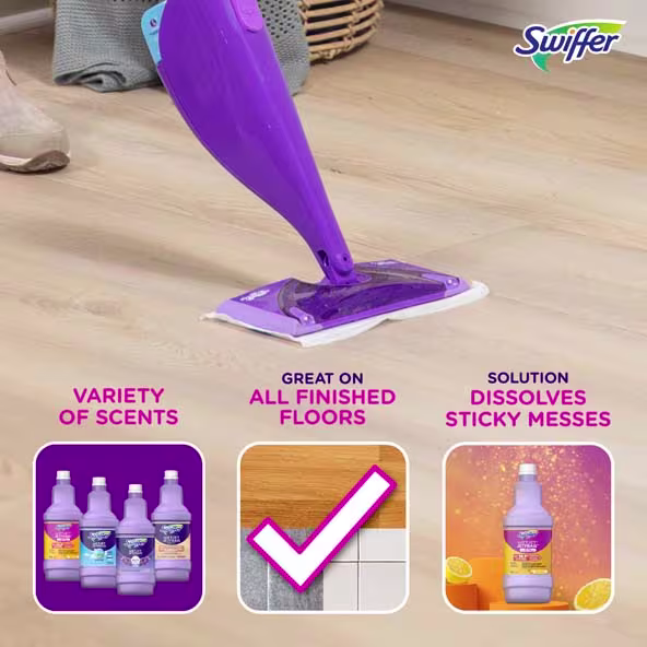 Swiffer WaterJet on hardwood floor, highlighting its variety of scents and effectiveness on all flooring types