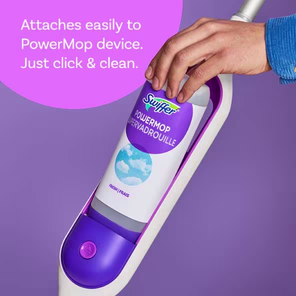 Swiffer Power Mop refill attachment being installed; easy click-and-clean feature for efficient cleaning