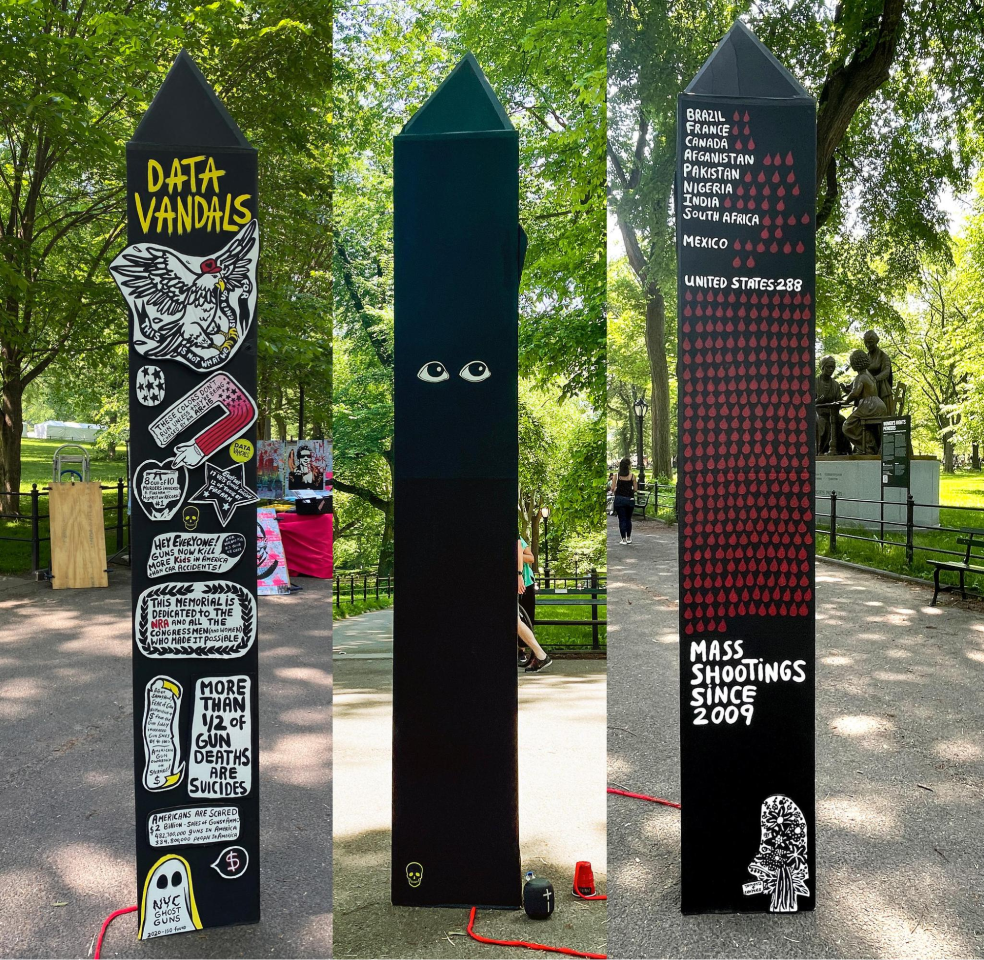 A black statue in the shape of the Washington Monument highlights gun violence statistics in the United States. 