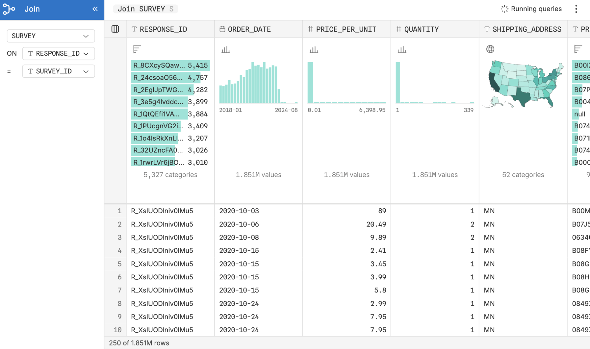 A summary table where a concise data visualization is shown atop each column to give a quick view of that field's contents and distribution.