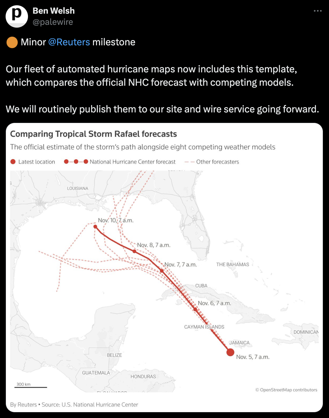 A tweet by Ben Welsh with a preview image of their new map template, showing forecasted hurricane paths from different models. 