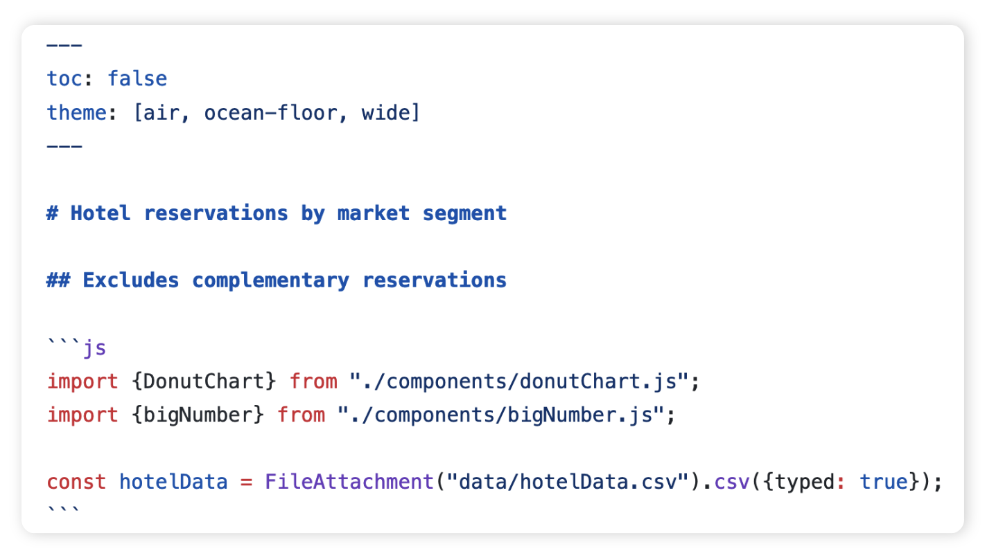 Top section of a Framework project, showing YAML followed by Markdown headers and JavaScript code blocks.