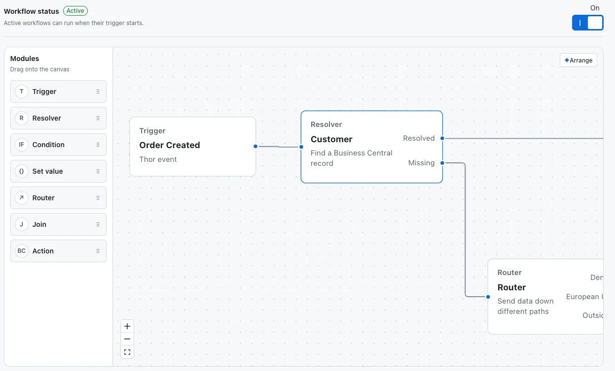 The Thor Commerce workflow canvas for creating Business Central sales orders from new ecommerce orders.