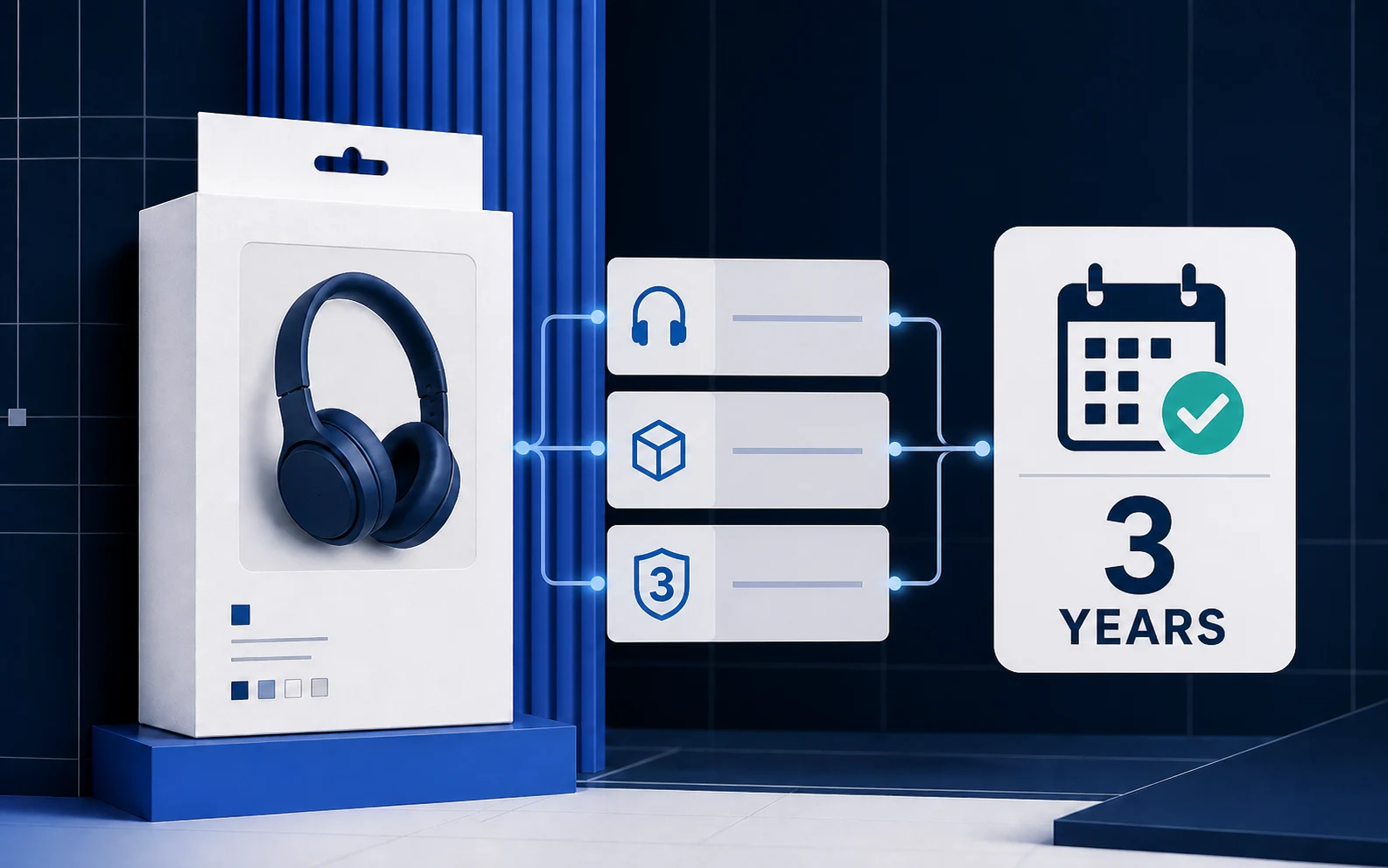 A headphones product passes through structured guarantee data into a three-year durability guarantee.