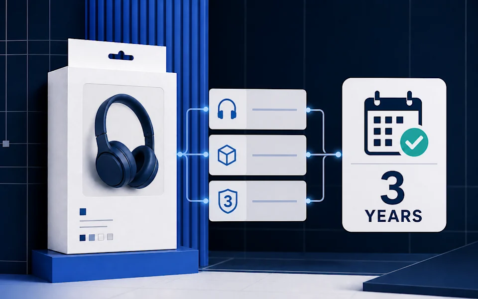 A headphones product passes through structured guarantee data into a three-year durability guarantee.