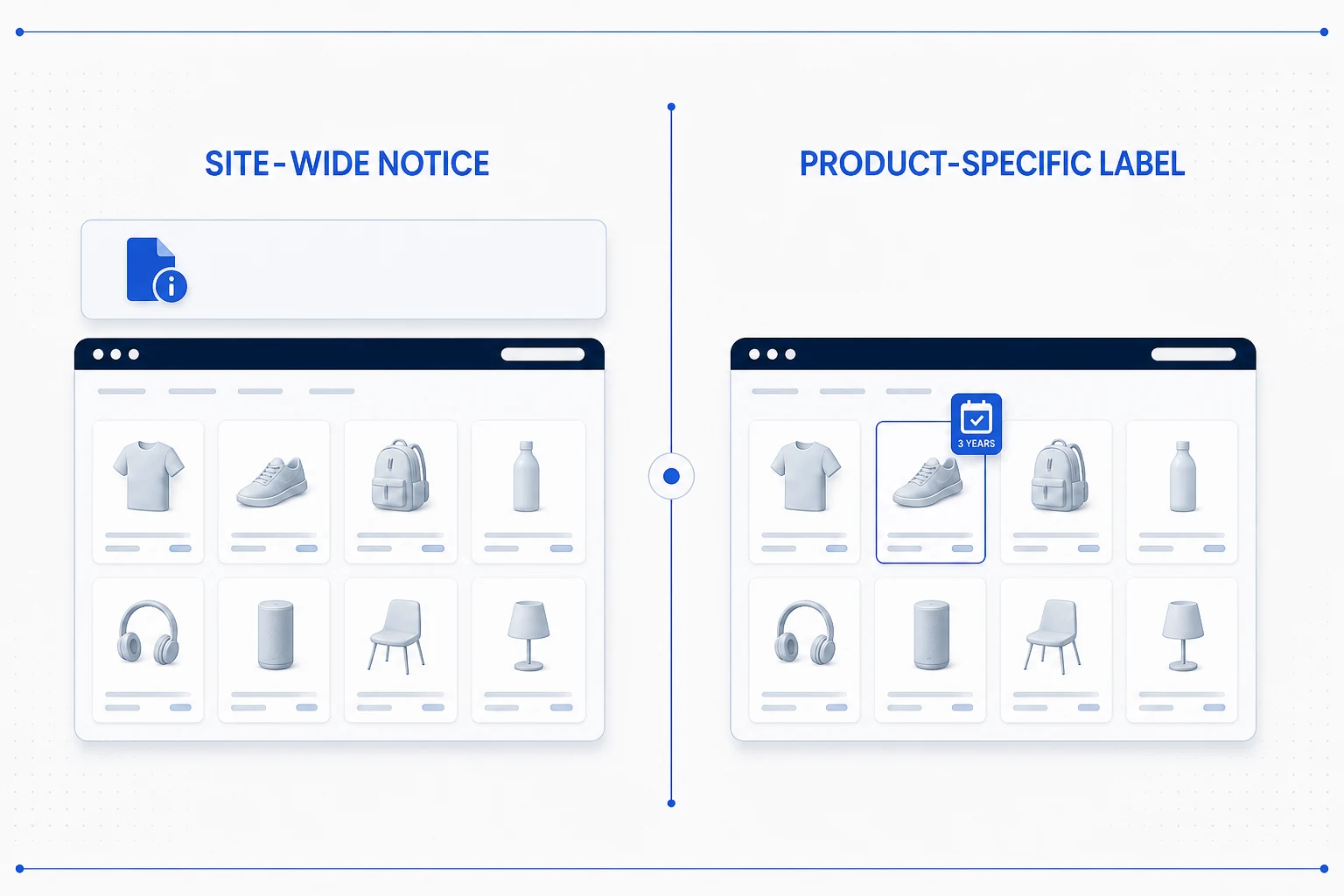 A site-wide legal guarantee notice is contrasted with a three-year label attached to one product.