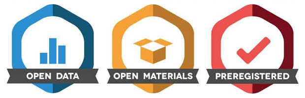 Three badges are shown: open date in blue, open materials in yellow, preregistered in red.