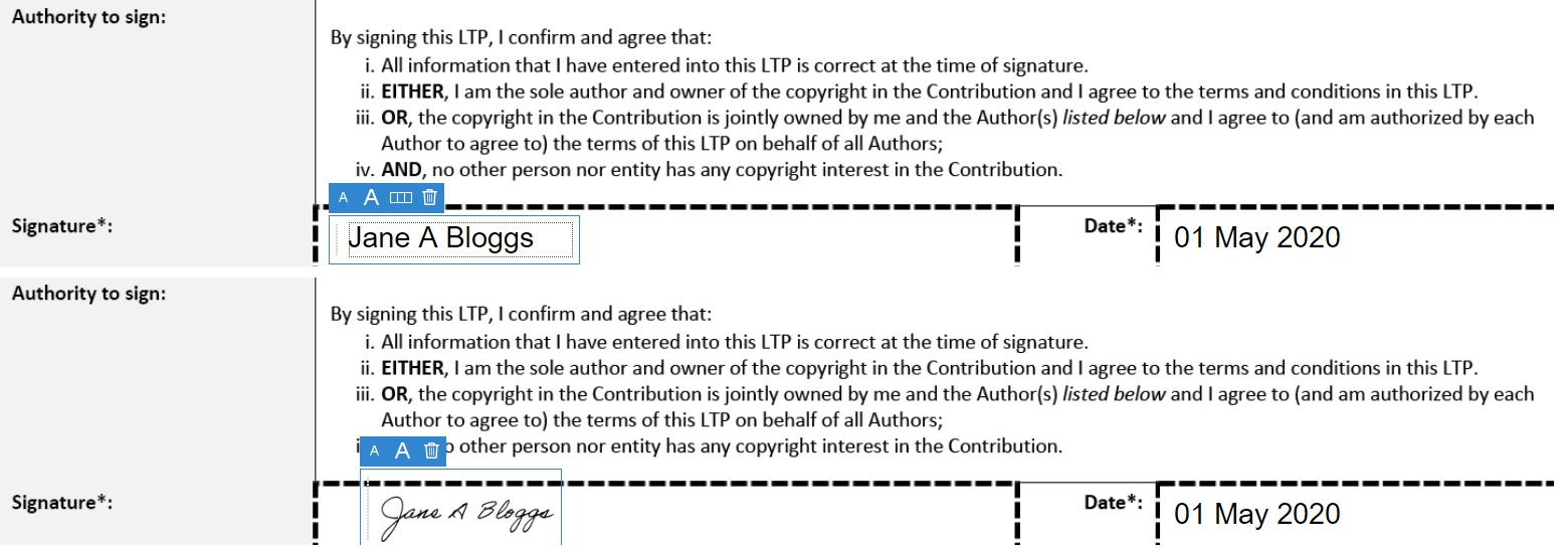 you can also create a text field / text box in the signature box and enter your full legal name as a means of indicating your acceptance to the terms.