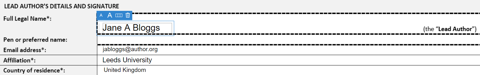 for each information box in the author agreement, create a text field / text box and enter the relevant information