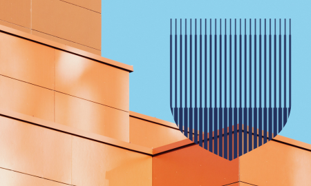 Abstract orange architecture with shield shape filled with blue line pattern