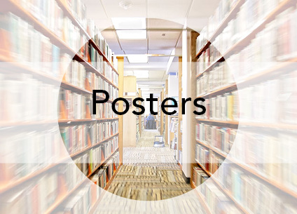 An image showing the walkway between bookshelves in a library. The word "Posters" is superimposed over. 