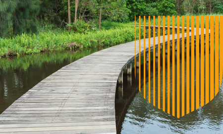 Bridge over river, with shield shape overlay, filled with yellow line pattern