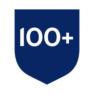 Blue shield shape with '100+' in white text