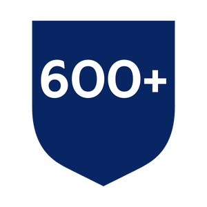 Blue shield shape with '600+' in white text