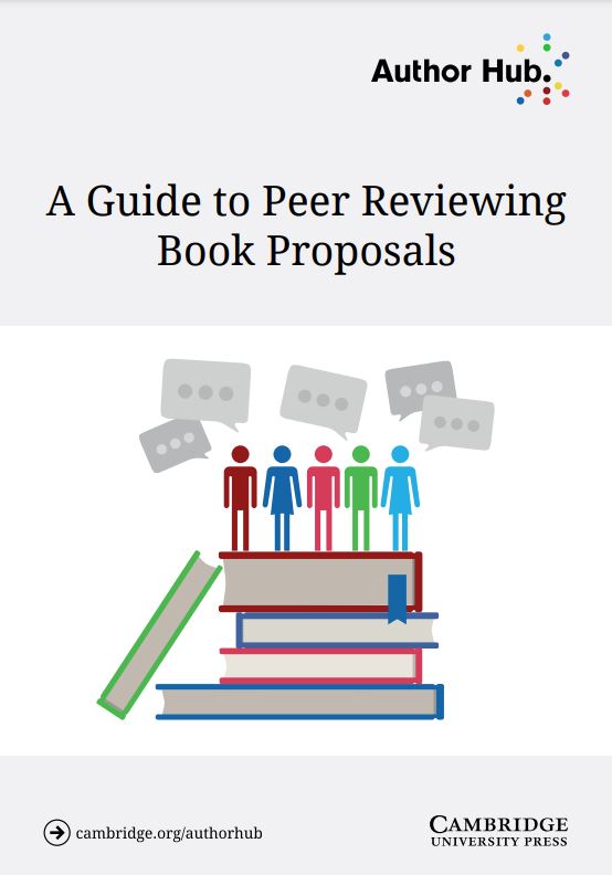 A guide to peer reviewing book proposals, is the title of the guide. And an image shows colour block figures of people on a pile of journals.