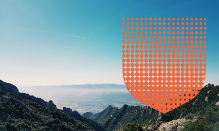 Photo of a cityscape with shield shape over the top, filled with yellow line pattern.