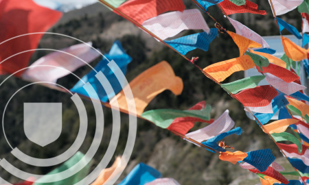 image of flags flying on mountainside with shield pattern overlay