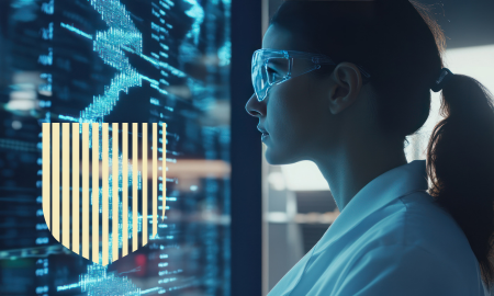 Scientist wearing safety goggles, looking at a screen of data, with shield shape overlay