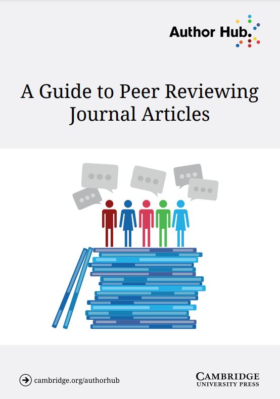 A guide to peer reviewing journal articles, is the title of the guide. And an image shows colour block figures of people on a pile of journals.