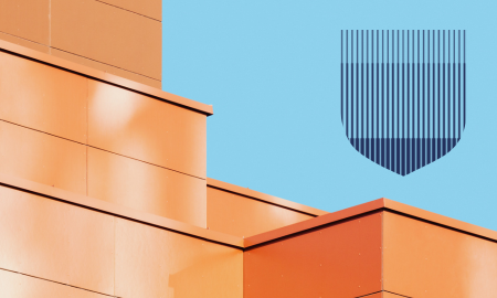 Abstract orange architecture with blue vertical stripes filling a shield shape