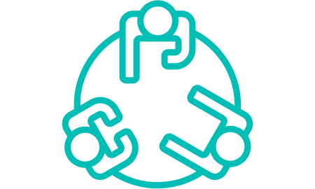 Icon of three people in a meeting coloured Cambridge Blue