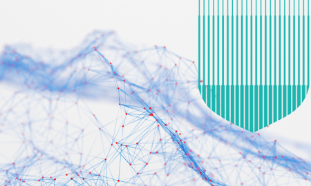 data visualisation with dots and lines, with shield shape overlay
