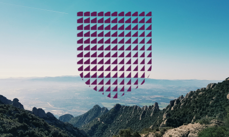 Landscape view with shield shape, filled with purple pattern