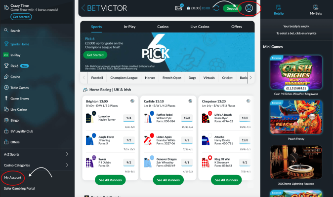 BetVictor Account Menu