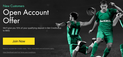 bet365 New Customer Offer - We'll give you 15% of your qualifying deposit in Bet Credit up to $60 - Sports