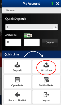 Sky Bet Withdrawal Menu