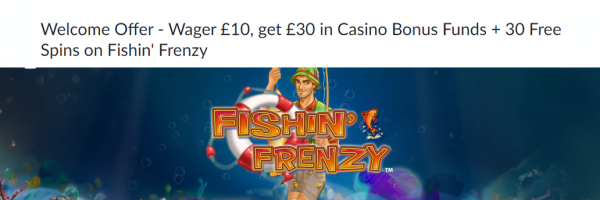 Betvictor Welcome Offer - Wager £10, get £30 in Casino Bonus Funds + 30 Free Spins on Fishin' Frenzy
