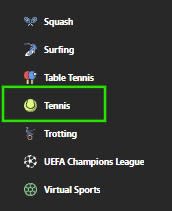 bet365 menu screenshot tennis