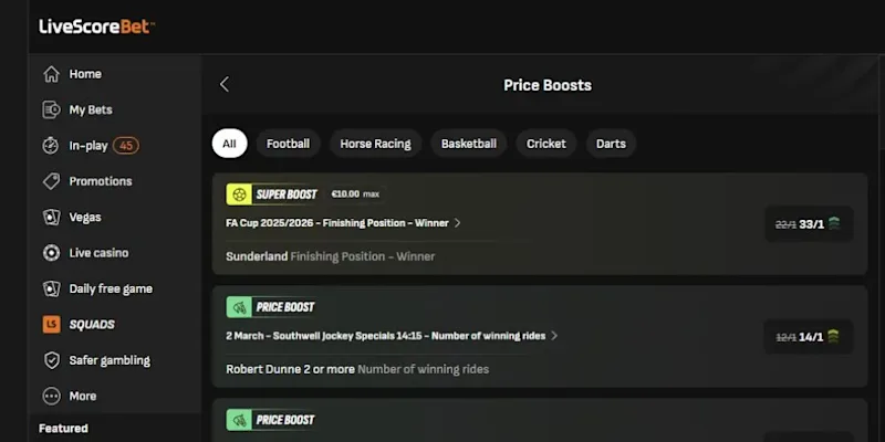 LiveScore Bet Ireland Price Boosts and Super Boosts