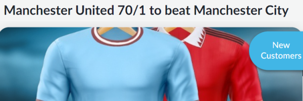 Manchester United 70/1 to beat Manchester City