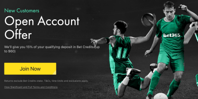 bet365 New Customer Offer - We'll give you 15% of your qualified deposit in Bet Balance (up to $60) - Sports
