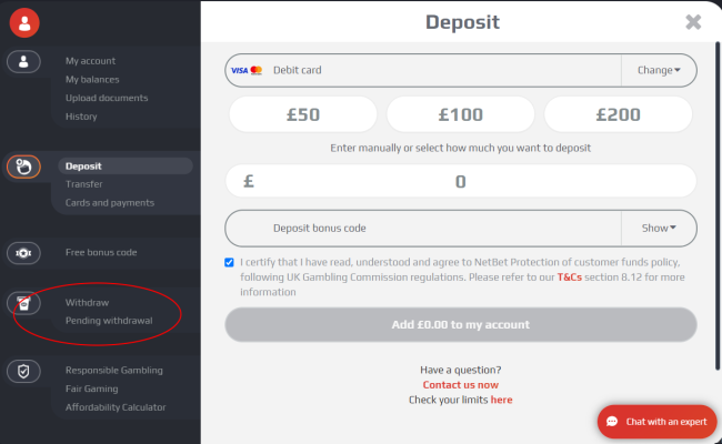NetBet withdrawal options