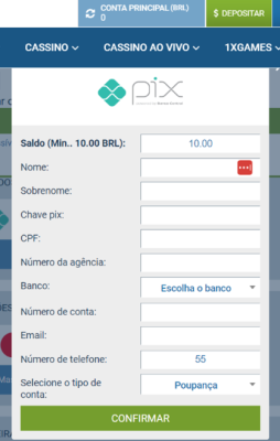 Opção PIX aberta dentre os métodos de saque disponíveis