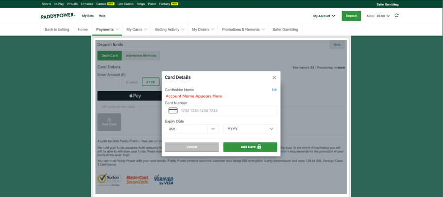 paddy power enter card details