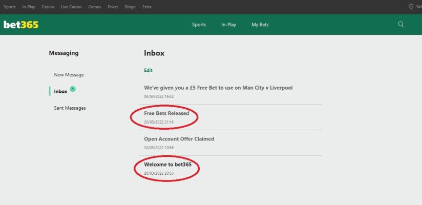 bet365 inbox with free bet messages