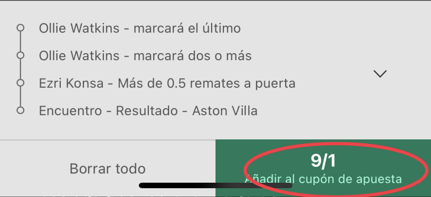 Ubicación de las cuotas del Crear apuesta Bet365