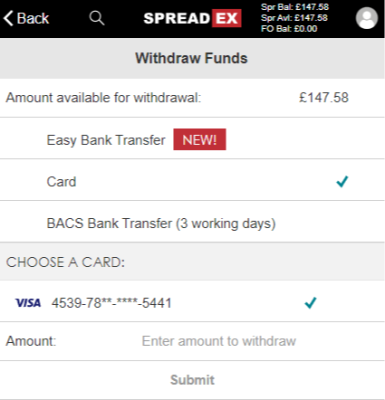 spreadex withdrawal screen