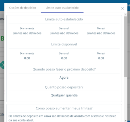 Página da plataforma Sportingbet com os limites auto-estabelecidos