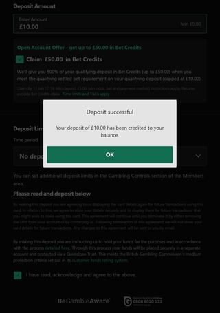 bet365 6 Deposit successful