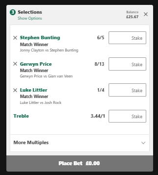 bet365 Trixie darts selections